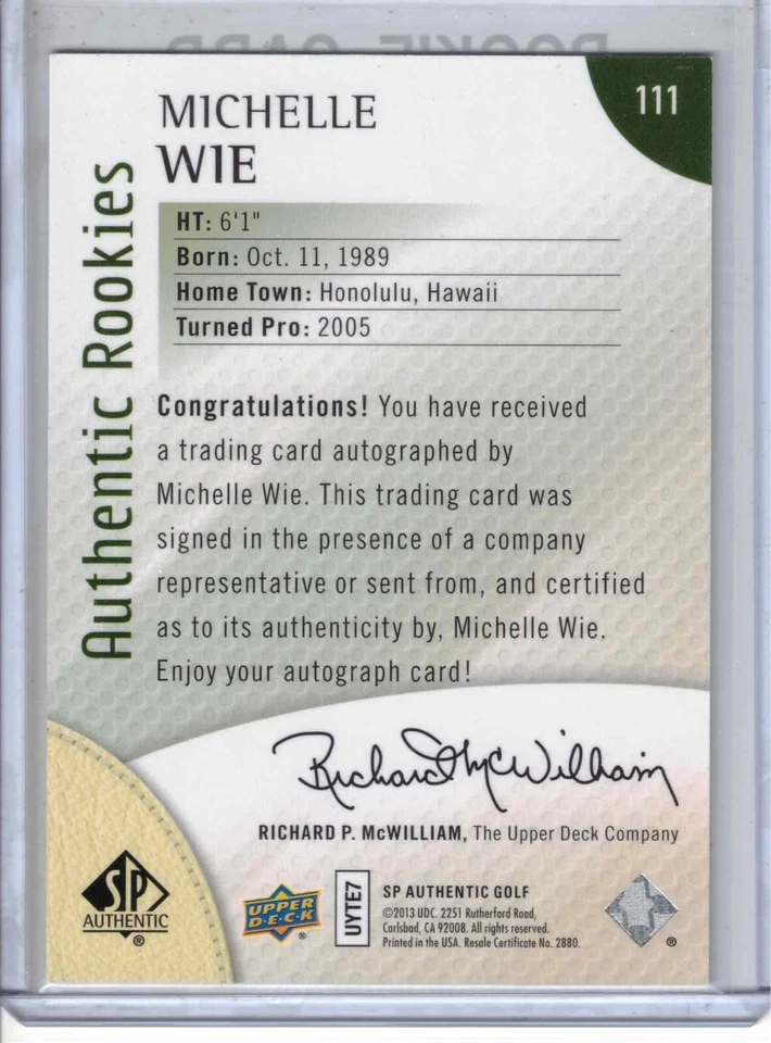 2014 UD SP Authentic golf Michelle Wie Authentic Rookies rookie auto /299 card - Image 2 of 2