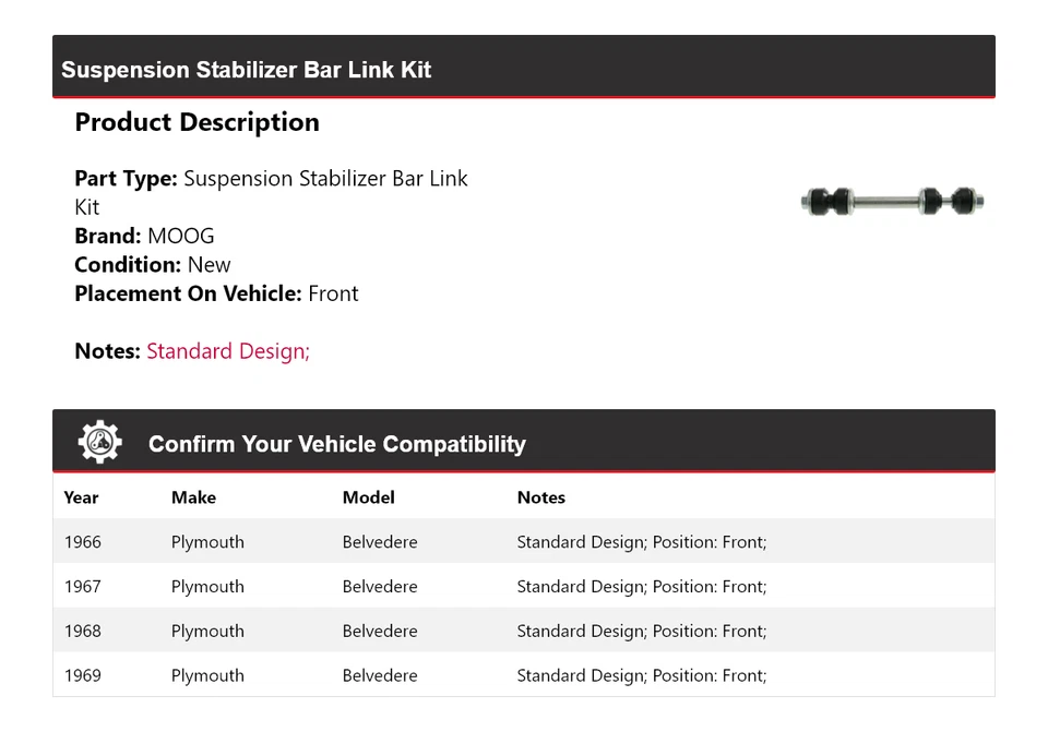 For 1966-1969 Plymouth Belvedere Suspension Stabilizer Bar Link Kit Front MOOG - Image 2 of 4