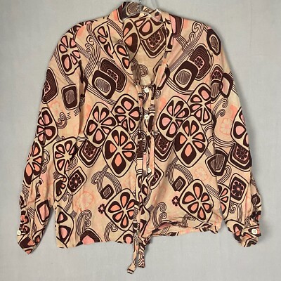 Vintage S.M. Collection Women Blouse Pink Neck Bow Tie Button Down Shirt Hippie