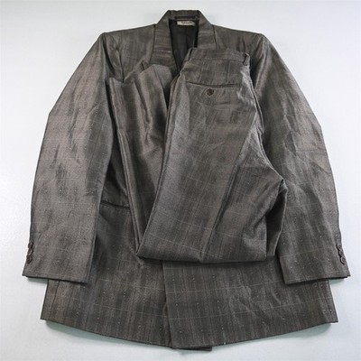 Vtg Gino Cappeli 42L 28x30 Brown Windowpane Double Breasted Mens Suit
