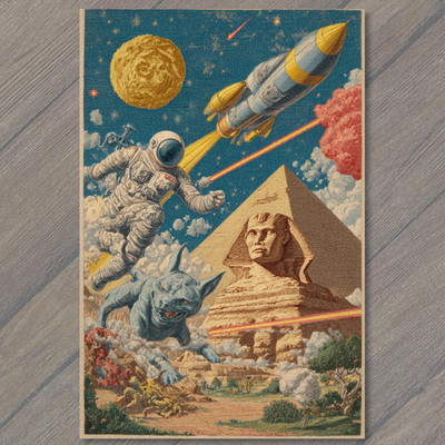 Art Print Astronaut Sphinx Pyramid Rocket Laser Monster Egypt Cosmic Clash