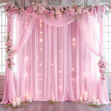 20Ft X 10Ft Pink Backdrop Curtain with Lights String for Parties, Sheer Tulle We