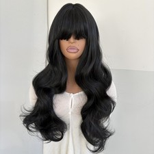 Long Wavy Dress Up Wigs With Fringe Heat Resistant Synthetic Hair Black