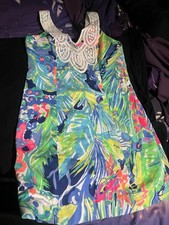 Lilly Pulitzer Multicolor Cotton Shift Dress Floral Tropical Lace Accents V-Neck