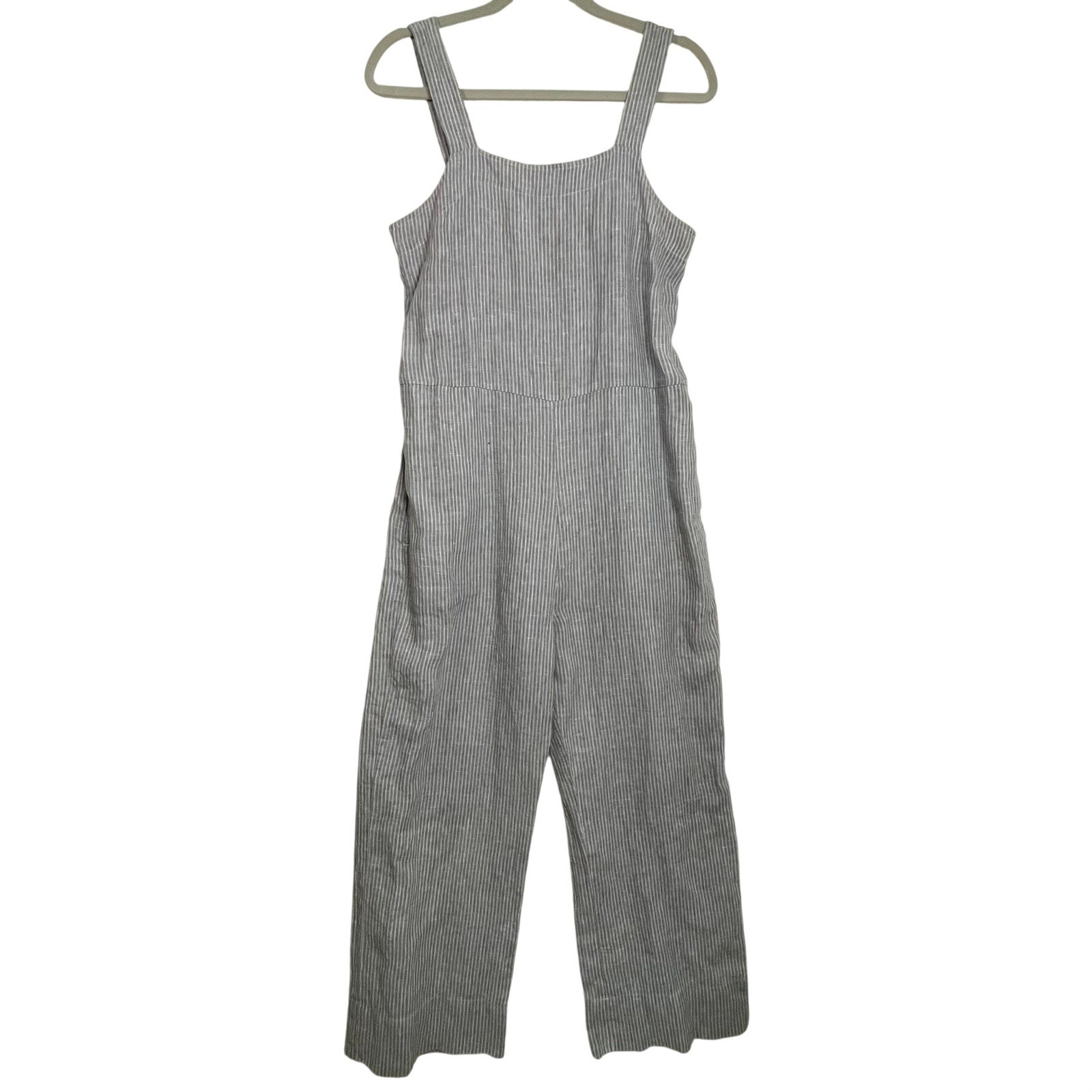 Everlane Gray Pinstripe 100% Linen Wide Leg Jumpsuit Size 4 Minimalist Summer