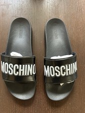 Moschino Beach Pool Sandals Size 10.5 Black and White Logo
