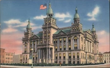 Jersey City,NJ City Hall with American Flag,Ornate Architecture Tichnor Vintage