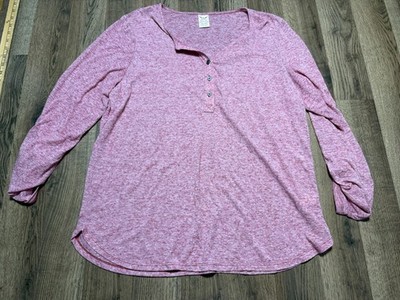 Faded Glory Blouse Women's Size XXL Red White Long Sleeve Shirt 1/4 Buttons