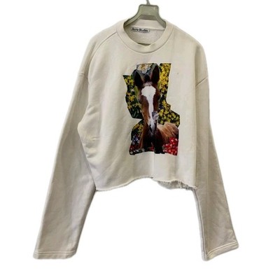 Acne Studios Cropped Sweatshirt XS White Horse Graphic Raw Hem Portugal #114