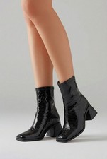 Katy Perry Loletta Stretch Ankle Boots Black Patent Square Toe Chunky Heel 9.5