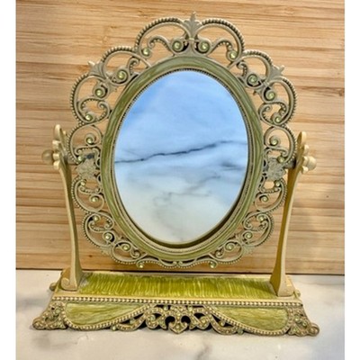 1970s Reproduction Cast Metal Enamel Bejeweled Swivel Oval Vanity Mirror Velvet
