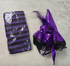 Halloween Witch Headband Sequins Lace Feather Set Pantyhose Tights Purple Black