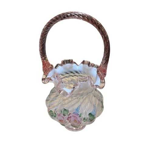 Fenton French Opalescent Spiral Optic Pink Crest Hand-Painted Floral Basket 9”