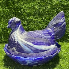 SUPER RARE Mosser Satin Blue/White Slag 7 1/2” Hen On Nest
