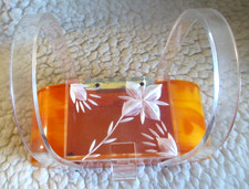 Vintage MCM Orange Lucite Handle Bag Purse with a Floral Pattern Clear Top