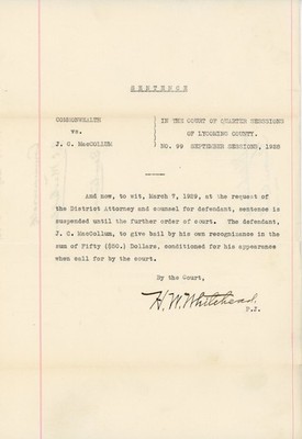 1929 Pennsylvania Court Sentence Document vs. JC MacCollum Signed HW Whitehead