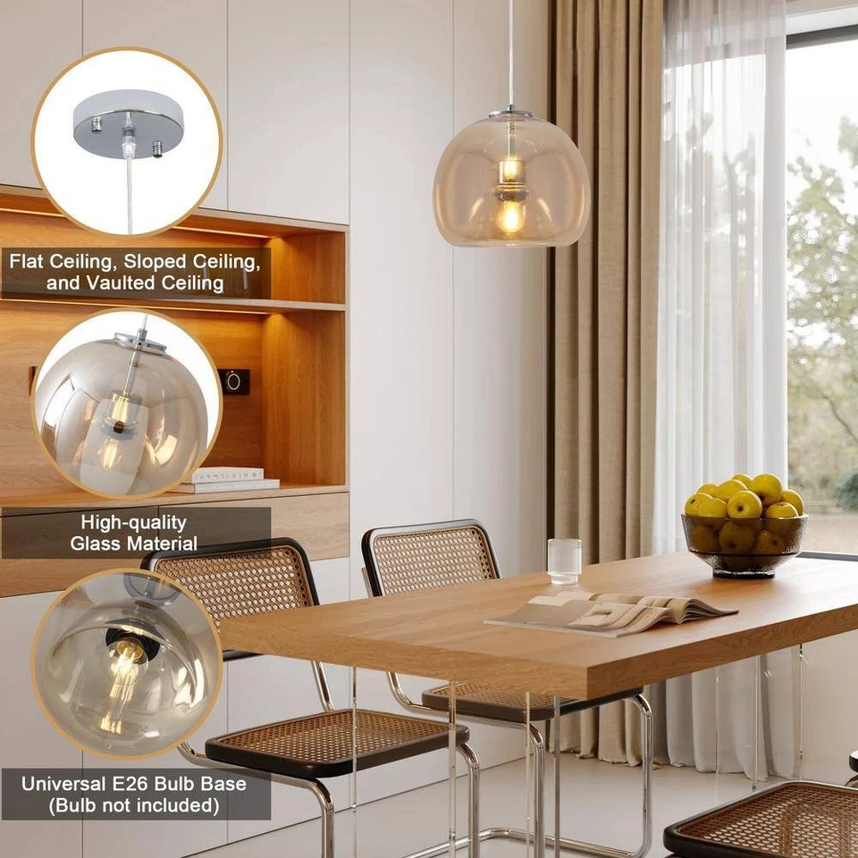 1 Luz Cromo Globo Colgante Luz Vidrio Ámbar para Salón No Incluye Bombillas Foto 4 de 4