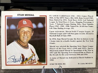 100% AUTHENTIC STAN MUSIAL AUTOPGRAPH CARD MUSIAL ''STAN THE MAN INC''  STATS READ