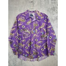 Vintage Wrangler Cowboy Cut Rodeo Print Shirt Purple Mens 18x36 Made in USA