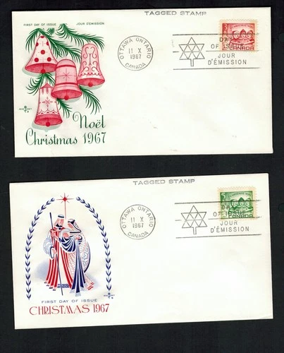 Canada #476p-477p, 1967 Carolling Tagged set, on 2 diff Rosecraft cacheted FDC's
