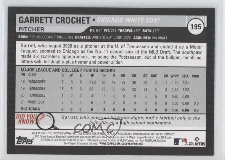 2021 Topps Big League Veterans & Rookies Electric Blue Garrett Crochet Rookie RC - Image 2 of 2