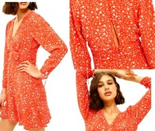 TOPSHOP 🌸 Womens   Red Rocket Man Tea Dress Star Print Long Sleeve  SZ:8