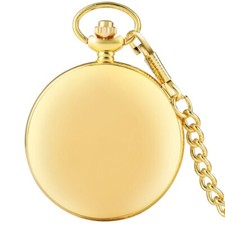 Gold Tone Smooth Case Mens Quartz Pocket Watch Fob Pendant Chain Christmas Gift