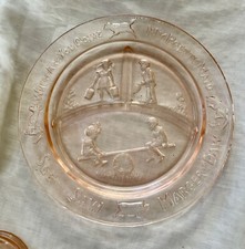 Vintage Pink Depression Glass Nursery Rhyme Divided Plate and Handled Mug Cup