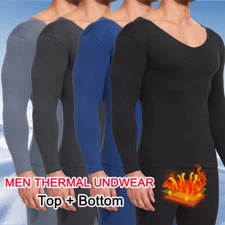 Mens Thermal Underwear Set Fleece Lined Base Layer Long Johns V-Neck Top Bottom