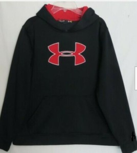 Under Armour  - Black Hoodie Sweatshirt w/Red Logo -   Sz L Youth