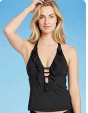 Kona Sol Womens Black Ruffled Halter Tankini Swim Top Strappy Front Size M 8-10