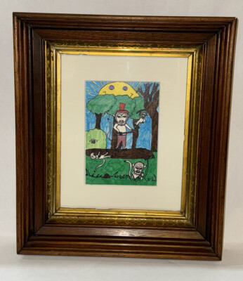 Vintage Naive Artwork  Monkey with A TopHat  Antique Wood Framed 14.5 X 12.5 
