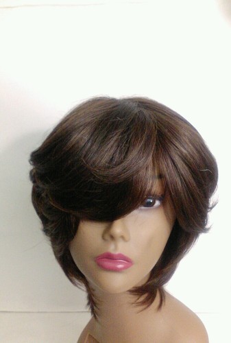 Peluca hecha a mano para cabello humano Yaki en capas bob gorra ajustable peluca de coser marrón oscuro - Imagen 2 de 5