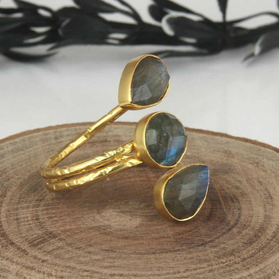 Three Stone Labradorite Spiral Ring 925 Silver Gold Plated Adjustable Gift Ring - Image 2 of 4