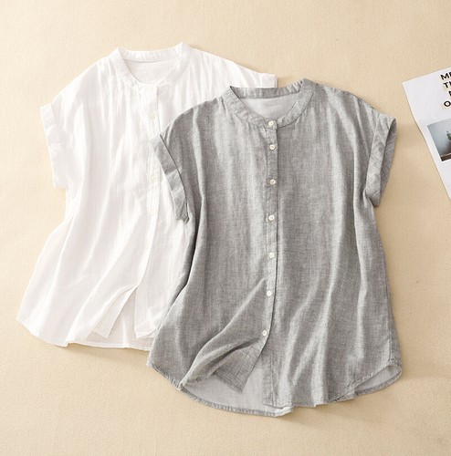 Camisa sin mangas de algodón con cuello alto para mujer suelta informal top camiseta botones - Imagen 7 de 19