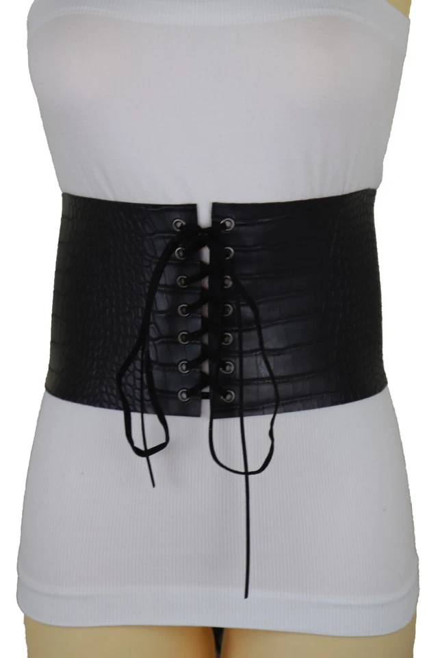 Divertido corsé negro ancho para mujer cinturón occidental imitación cuero cocodrilo tela ajuste M L Foto 2 de 4