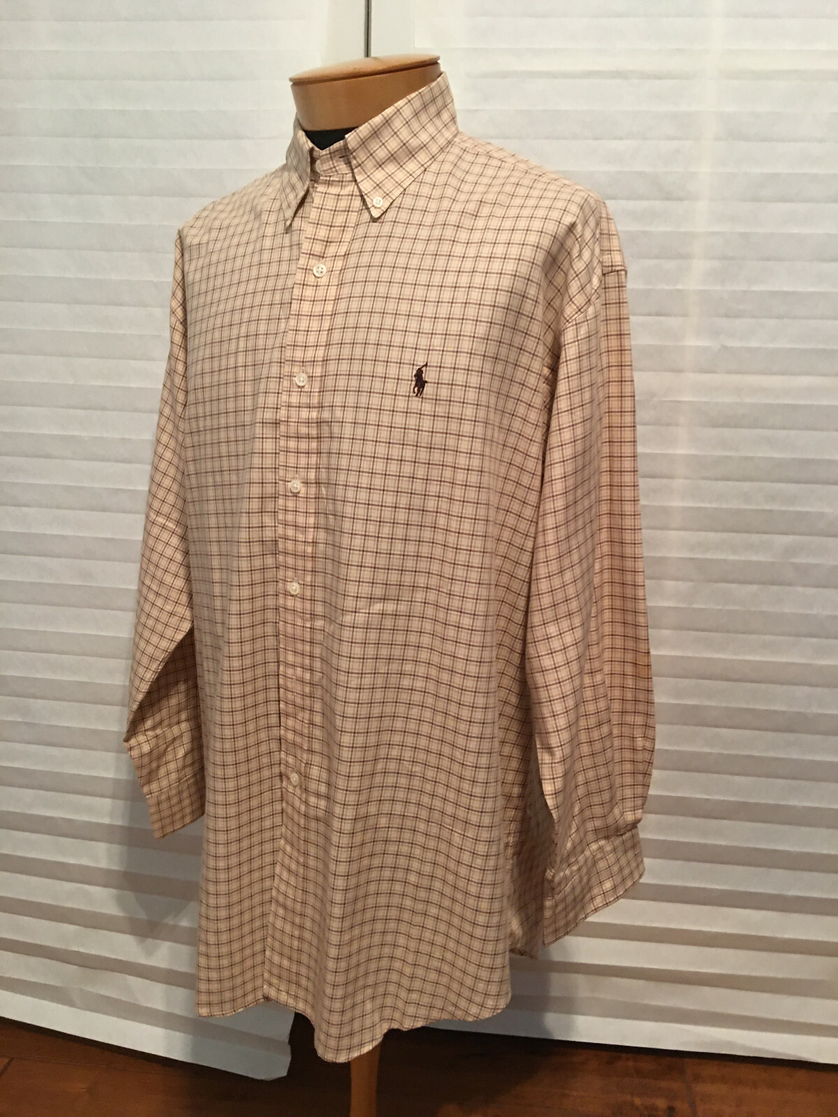 Polo RALPH LAUREN vestibilità classica beige marrone a quadri ricamata logo pony camicia L