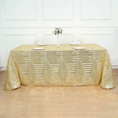 90''x132'' GOLD Tulle Rectangular TABLECLOTH Sequins Geometric Pattern Events
