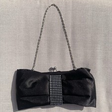 Cach  Black Satin Bow Clutch Evening Bag, Rhinestone Trim, Silver Chain Strap