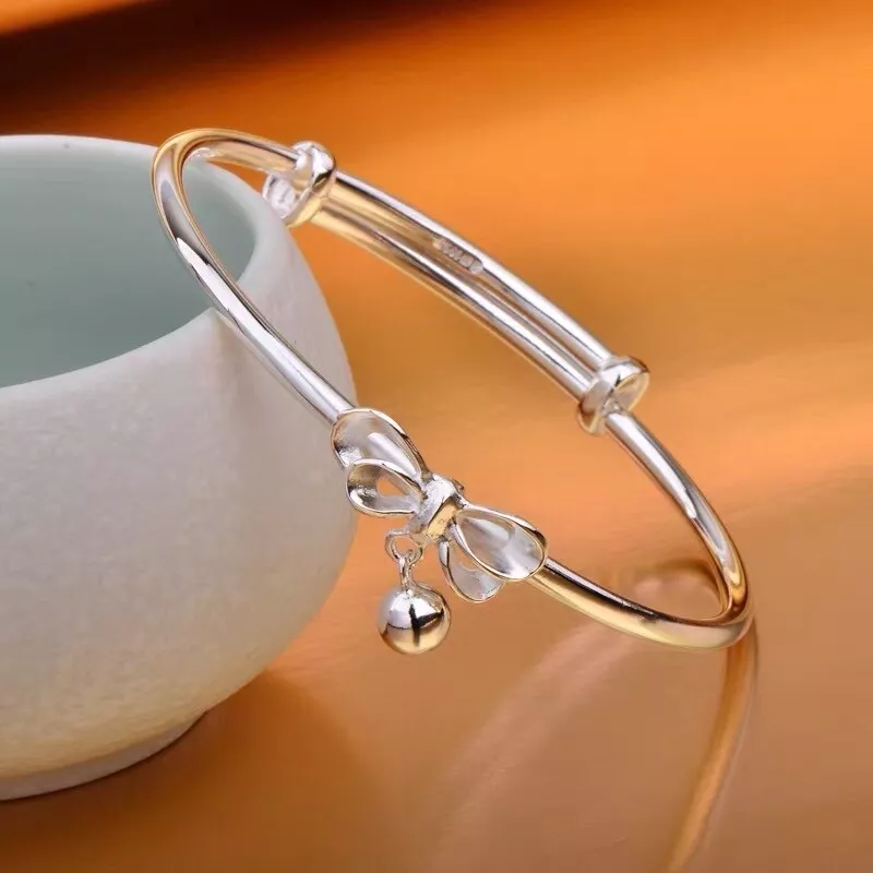 Sterling Silver Bow Bangle Bracelet Fashion Girls Jewelry Gift