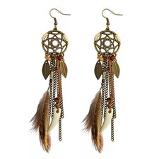 Brown Dream Catcher Feather Earrings Vintage Bohemian Ethnic Dangle