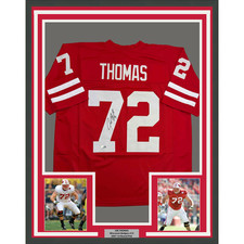 Framed Autographed/Signed Joe Thomas 35x39 Wisconsin Red Jersey Beckett BAS COA