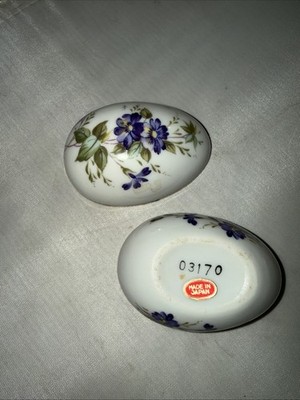 Egg-Shaped Porcelain Trinket Box Purple Floral Design Made in Japan Easter ?