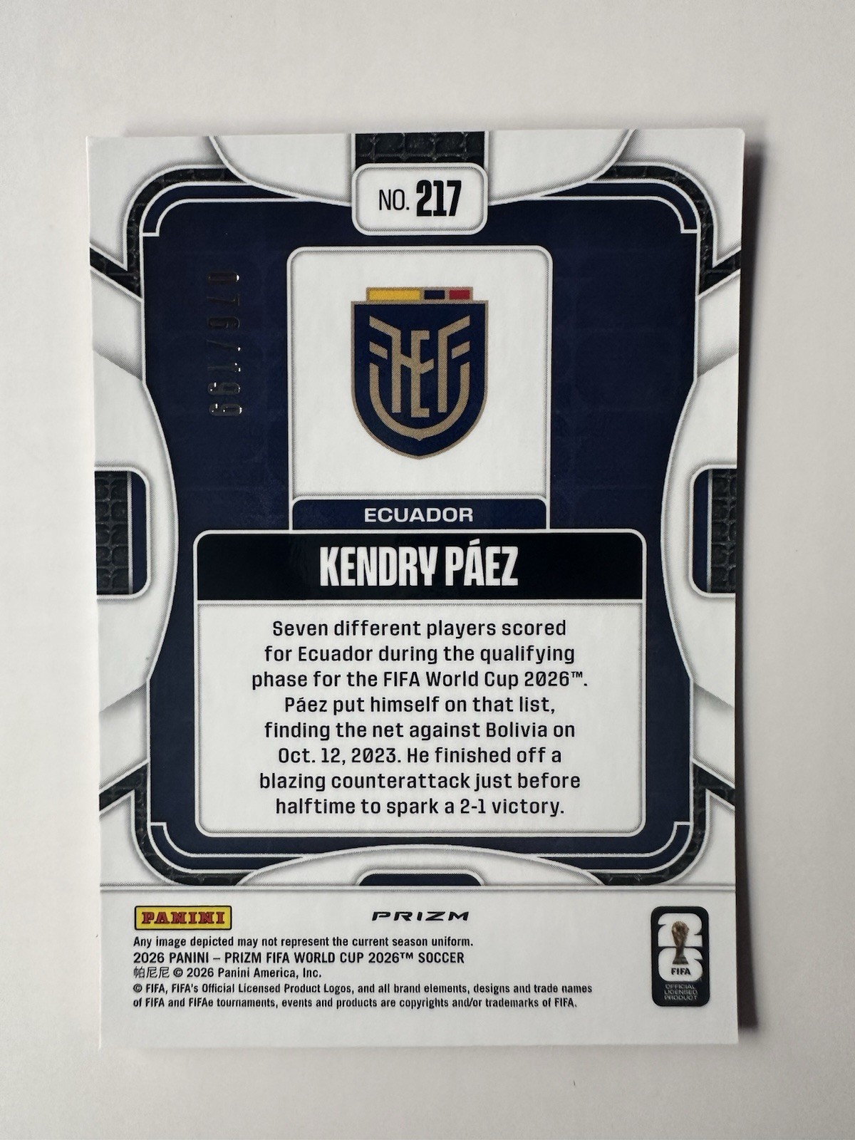 Panini 2026 Prizm FIFA World Cup Kendry Páez Ecuador #217 Parallel /199 view 2