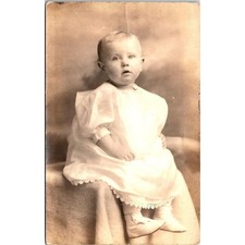 RPPC Child Baby Sitting in Dress and Fancy Shoes Vintage Real Photo Postcard