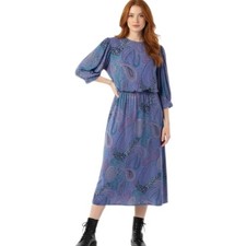 Vintage 80s Just In Thyme Purple Paisley Midi Dress Puff Sleeve Boho 14