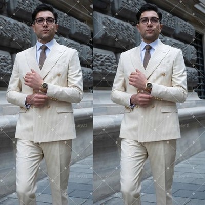 Men's Suits Pinstripe Double Breasted Formal Occasion Wedding Groom Tuxedo 2 Pec