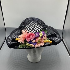 Vintage Womens Black Mesh Sun Hat With Purple Floral Trim