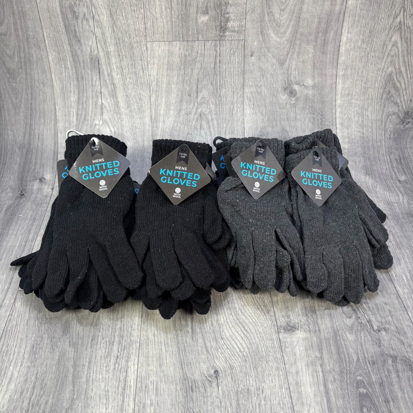 Men's Knitted Gloves One Size Black Grey Wool Blend Joblot Wholesale x24