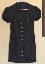 Vintage Y2K BEBE Mini Dress Puffed Sleeves Black w Gold Buttons Women's Small